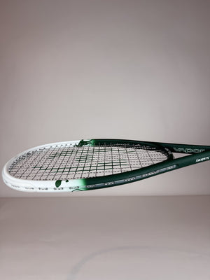 Harrow Concord Academy Vapor squash racket, close-up of the frame lettering
