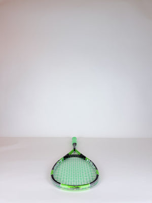 Lightly used Harrow Spark squash racket, head-on view of the strung head